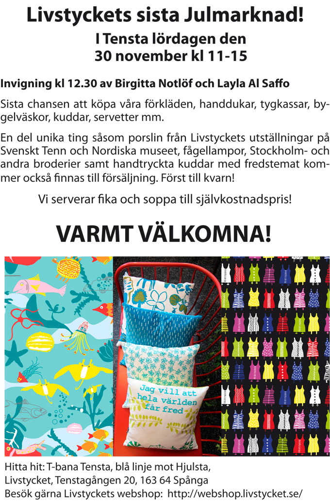 Välkommen till Livstyckets sista julmarknad den 30 november mellan klocka elva och femton 